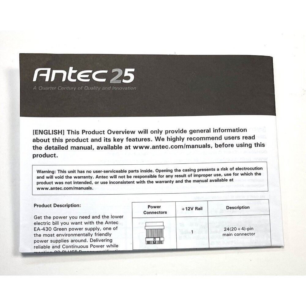 ANTEC 25 EA-430 Green Power Supply User's PRODUCT OVERVIEW MANUAL Booklet ONLY